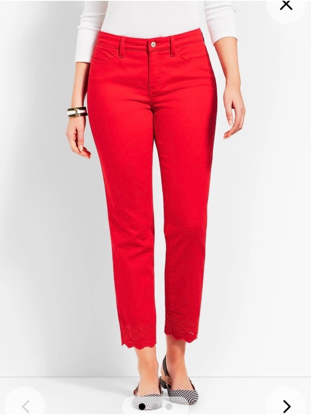 Talbots Vibrant Red Cropped Jeans with Scalloped Lace Hem